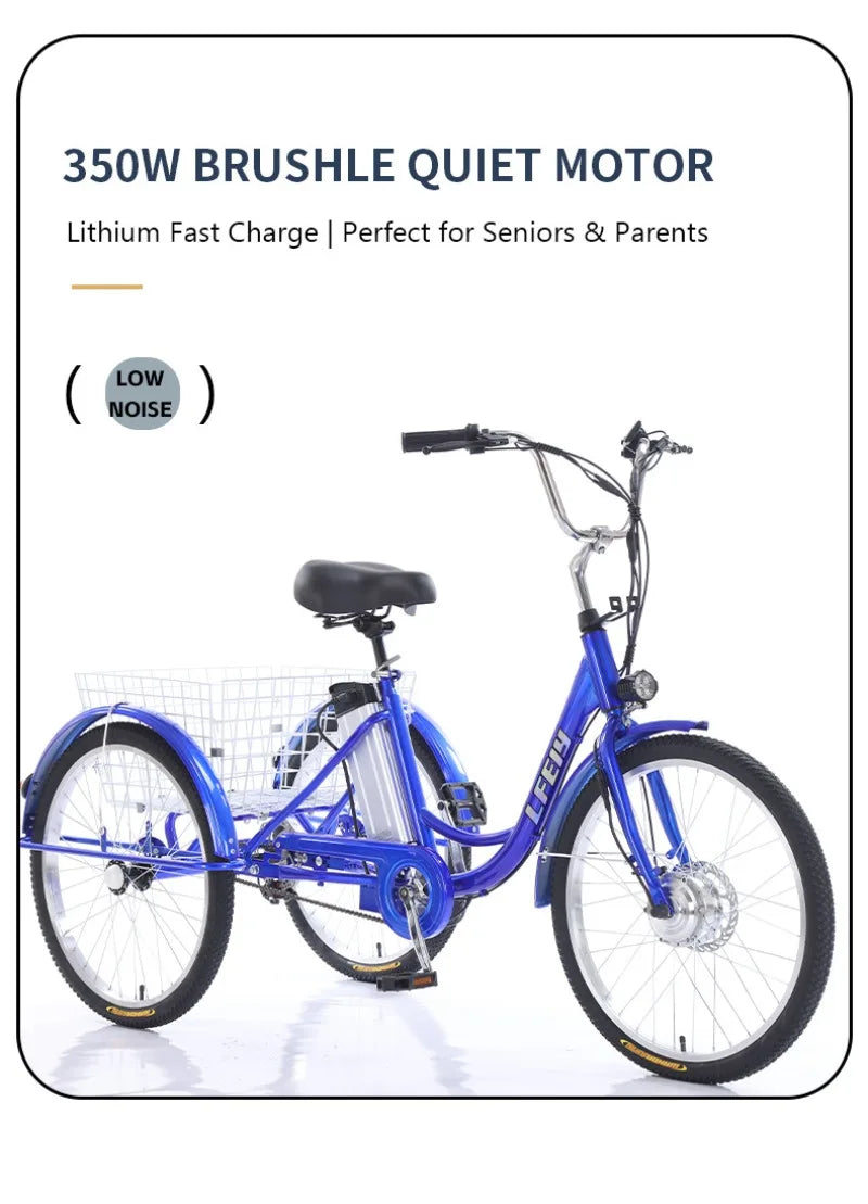 Adult Elderly Electric Mobility Tricycle 3-Wheel Electric Bike with Rear Cargo Basket for Senior Daily Shopping & Commuting