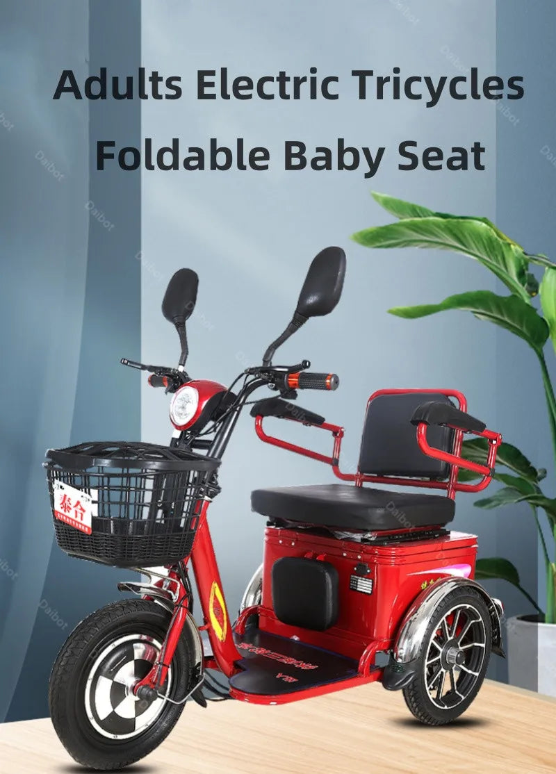 Lightweight Parents Child Electric Scooter 2 Seats 48V 350W Mini 3 Wheel Electric Tricycle For Adult Elderly With Cargo Basket
