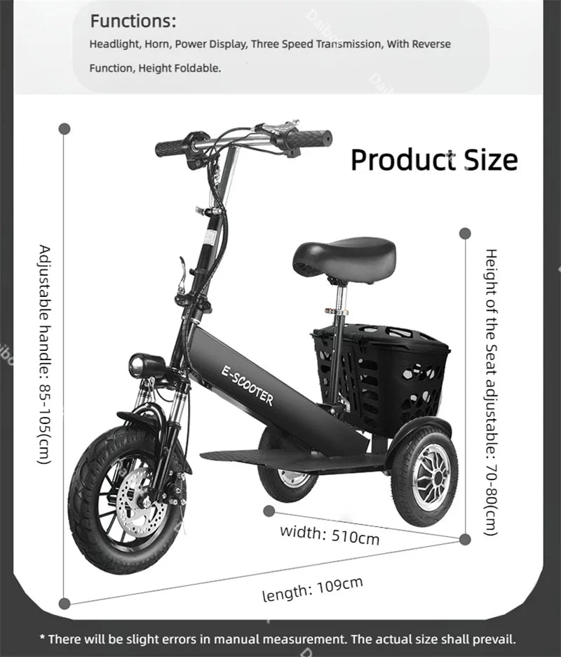 Lightweight Mobility Scooter Foldable With Basket For Adults Electric Scooter Senior Triple Shock Absorption 500W Trike 2 Seats