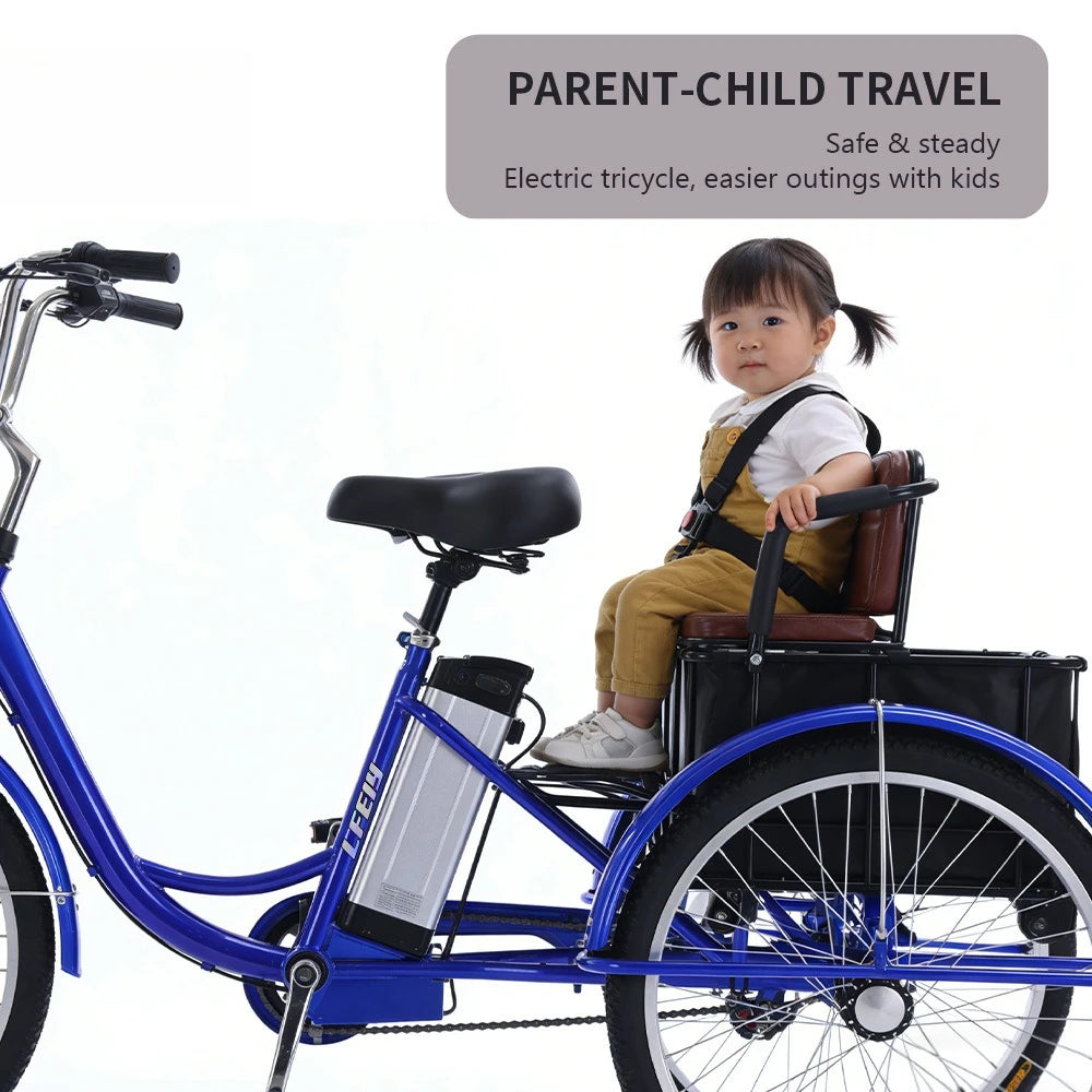 20" Adult Electric Tricycle 2-Seater 3 Wheel Ebike Removable Li-ion Battery Pedal Assist Trike Rear Seat Cargo Box Senior Travel