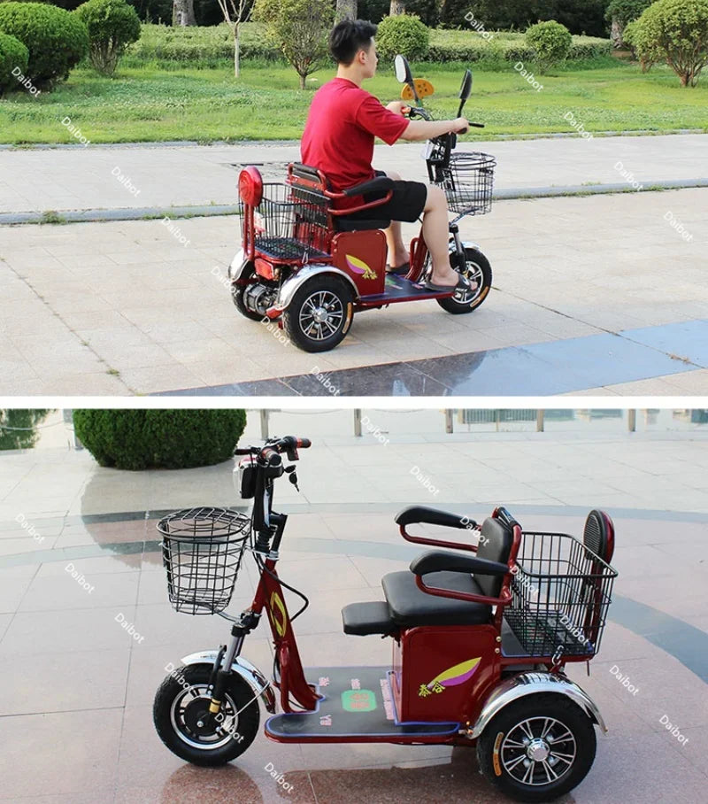 Lightweight Parents Child Electric Scooter 2 Seats 48V 350W Mini 3 Wheel Electric Tricycle For Adult Elderly With Cargo Basket