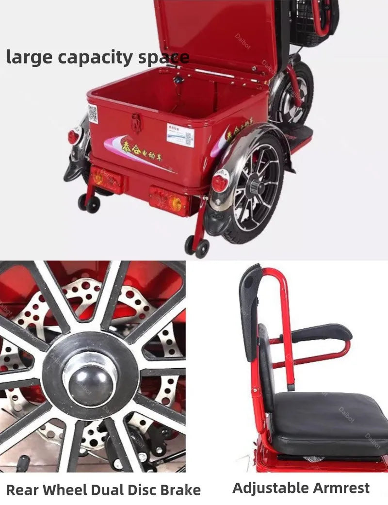 Lightweight Parents Child Electric Scooter 2 Seats 48V 350W Mini 3 Wheel Electric Tricycle For Adult Elderly With Cargo Basket