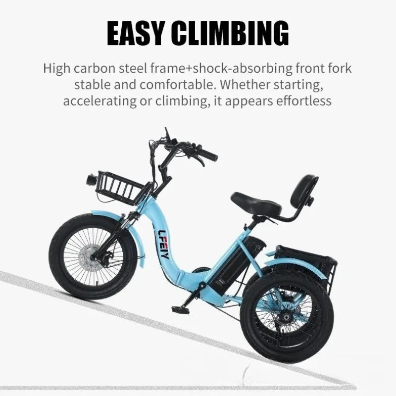 18" Foldable Electric Tricycle 48V13Ah 350W Motor Shimano 7-Speed 25km/h 44km Range 3-Mode Adult Fat Tire Lithium E-Trike
