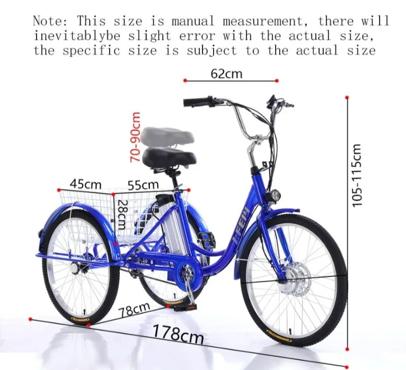Adult Elderly Electric Mobility Tricycle 3-Wheel Electric Bike with Rear Cargo Basket for Senior Daily Shopping & Commuting