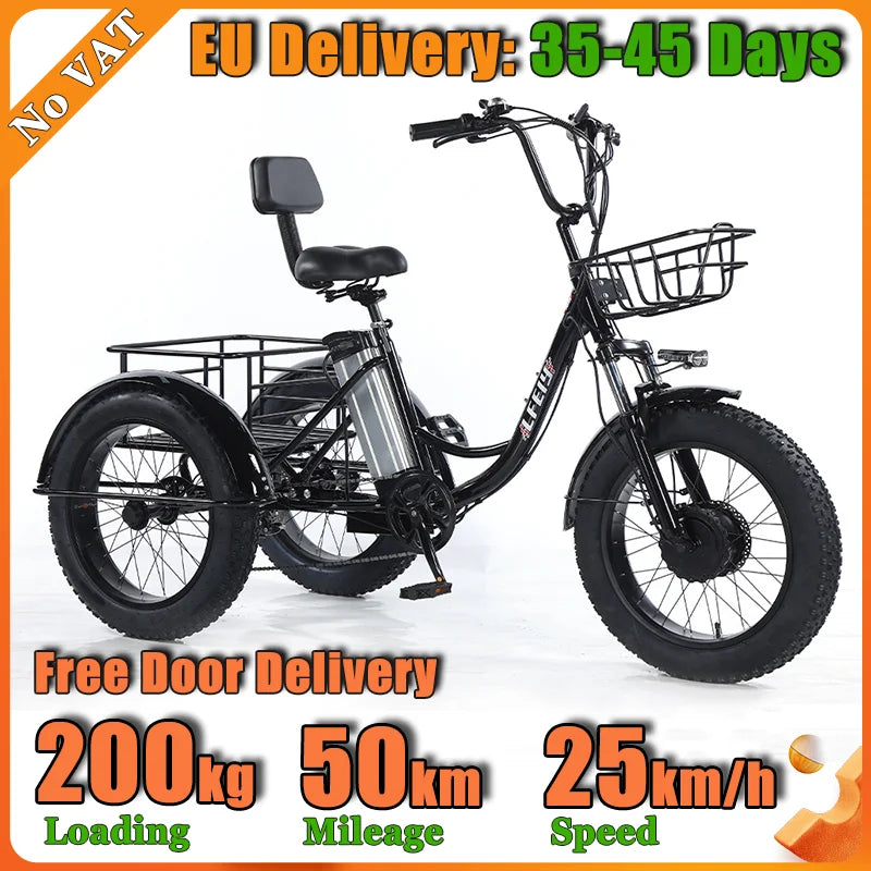 500W Electric Tricycle 20*4.0 Snow Fat Tire 48V13Ah Removable Lithium Battery Three Wheel E Trike with Front &Rear Cargo Baskets