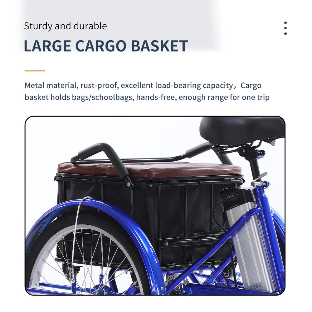 20" Adult Electric Tricycle 2-Seater 3 Wheel Ebike Removable Li-ion Battery Pedal Assist Trike Rear Seat Cargo Box Senior Travel