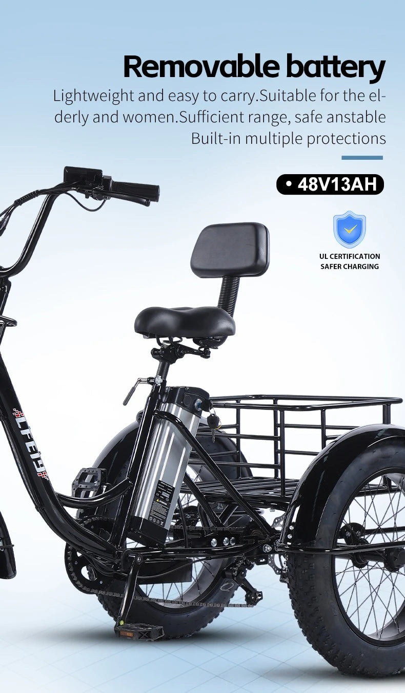 500W Electric Tricycle 20*4.0 Snow Fat Tire 48V13Ah Removable Lithium Battery Three Wheel E Trike with Front &Rear Cargo Baskets