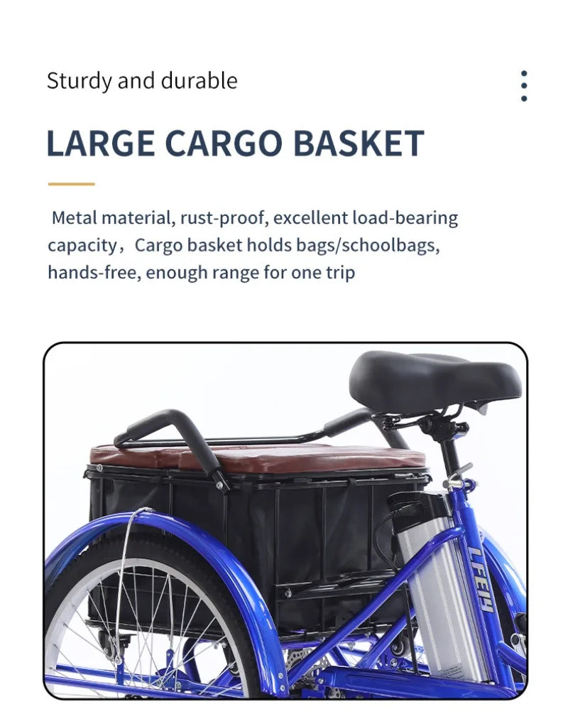 20" Adult Electric Tricycle 2-Seater 3 Wheel Ebike Removable Li-ion Battery Pedal Assist Trike Rear Seat Cargo Box Senior Travel
