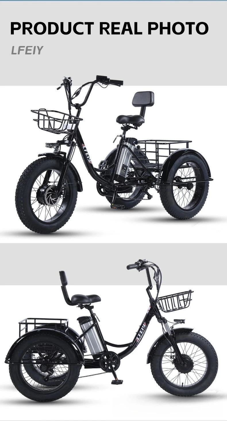 500W Electric Tricycle 20*4.0 Snow Fat Tire 48V13Ah Removable Lithium Battery Three Wheel E Trike with Front &Rear Cargo Baskets