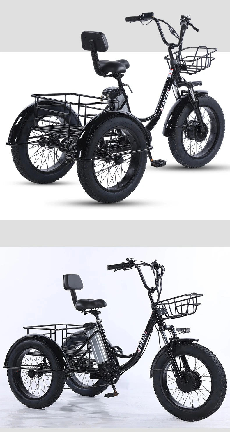500W Electric Tricycle 20*4.0 Snow Fat Tire 48V13Ah Removable Lithium Battery Three Wheel E Trike with Front &Rear Cargo Baskets
