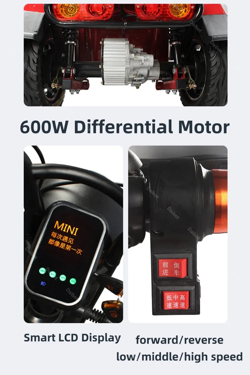 3 Wheel Mobility Scooter Disabled Seniros 600W 60V Small Family Electric Tricycle Lithium Battery/Seat 10cm Left Shift Design