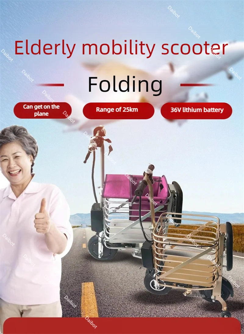 Travel Folding Lightweight Mobility Scooter For 2 Peoples 36V Mini Foldable Electric Tricycle Scooter For Senior With Basket