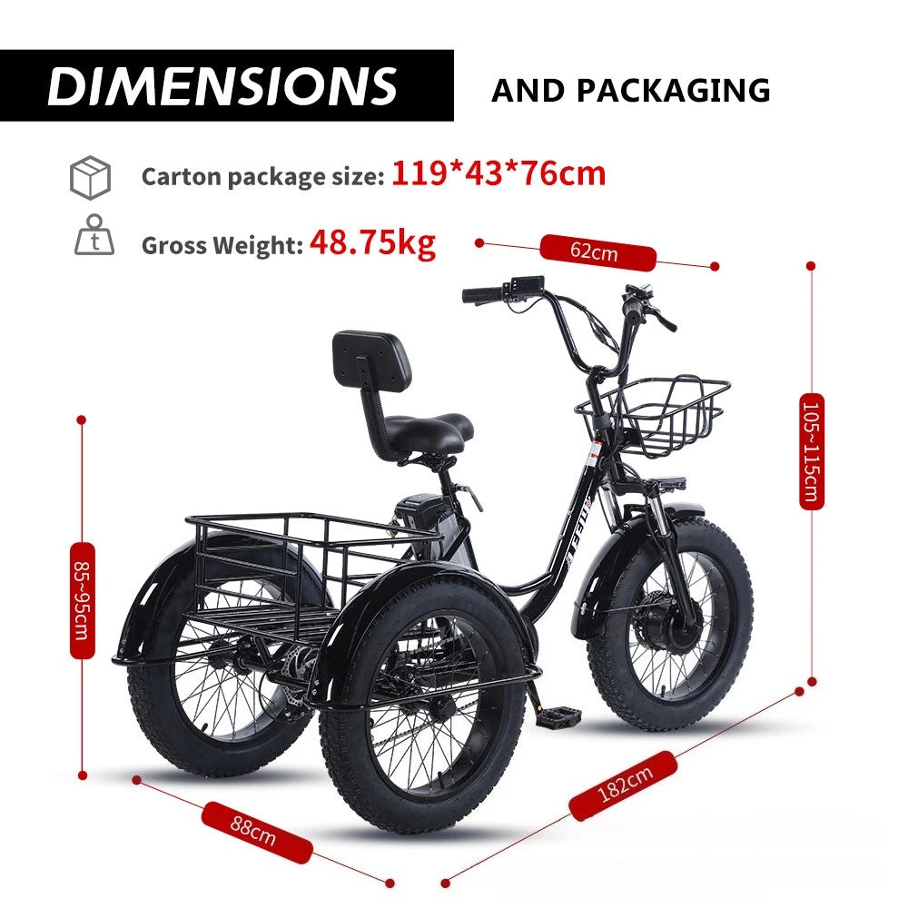 500W Electric Tricycle 20*4.0 Snow Fat Tire 48V13Ah Removable Lithium Battery Three Wheel E Trike with Front &Rear Cargo Baskets