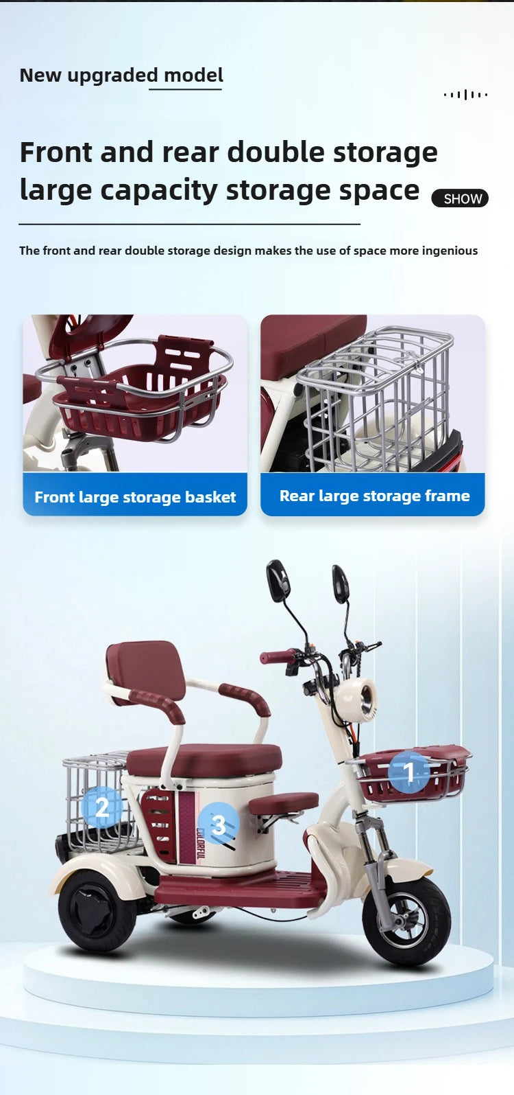 Large Capacity Basket 600W High Power Adult Flowing Electric Tricycle Household Elderly Leisure Small Disabled Mobility Scooter