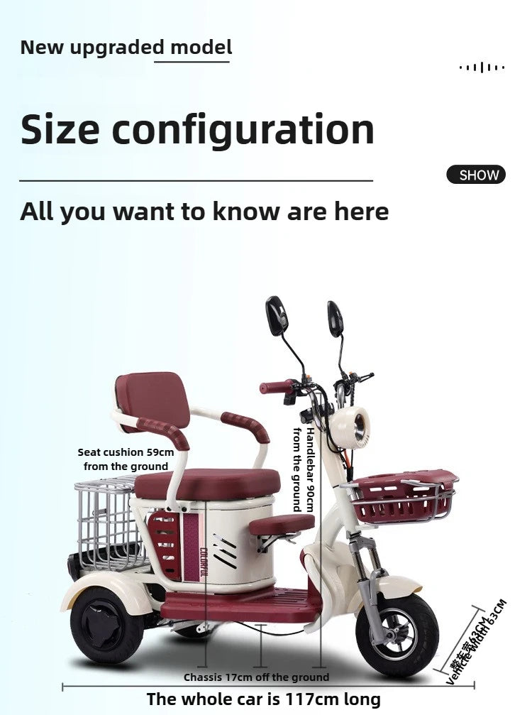 Large Capacity Basket 600W High Power Adult Flowing Electric Tricycle Household Elderly Leisure Small Disabled Mobility Scooter