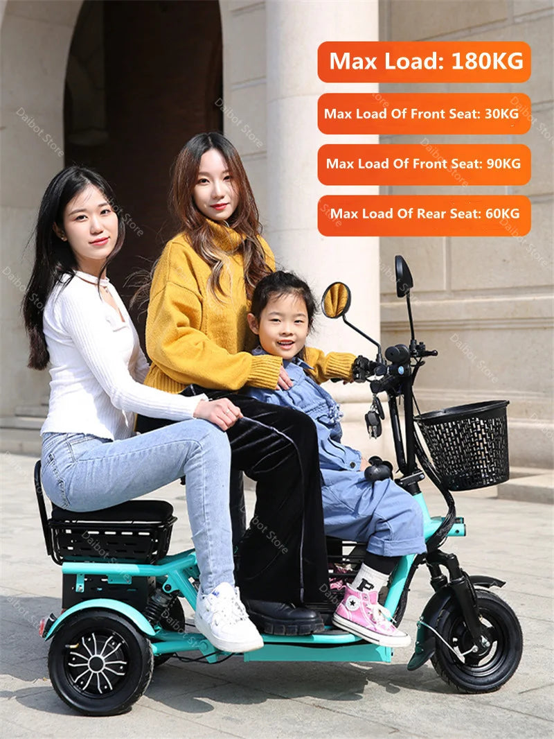 3 Seater Parent Child Electric Scooter 3 Wheel Foldable Baby Seat For Long Distance 800w 48v Mini Electric Tricycle For Women