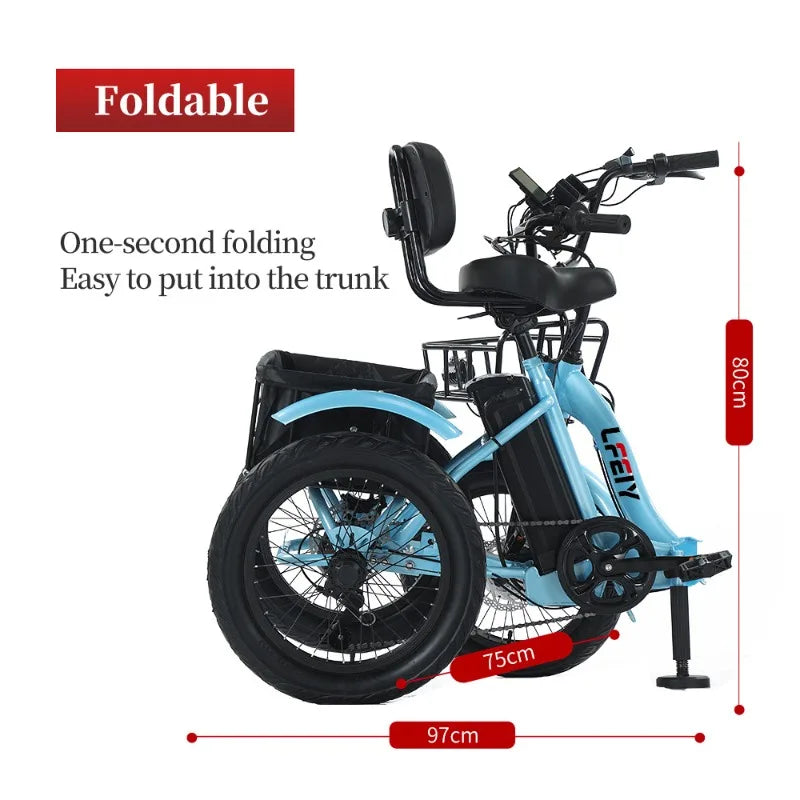 18" Foldable Electric Tricycle 48V13Ah 350W Motor Shimano 7-Speed 25km/h 44km Range 3-Mode Adult Fat Tire Lithium E-Trike