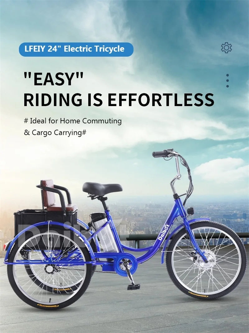 Family Ebike With Kid Seat 3 Wheels For Adults 24Inch Elderly Electric Bike With Cargo Lightweight Electric Bicycle 2 People