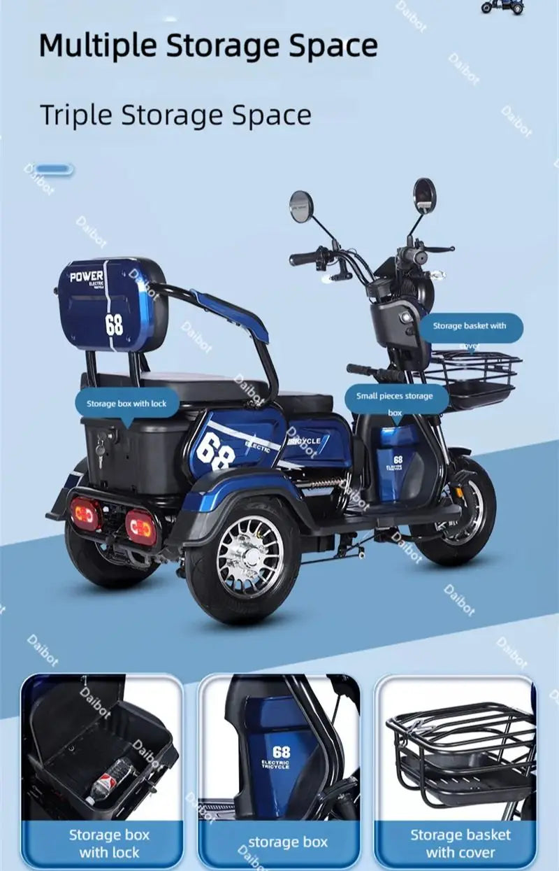 3 Wheel All Terrain Parent Child Electric Scooter 3 Seater For Elderly Adults 600W 48V Old Man Scooter Electric Tricycle Disable