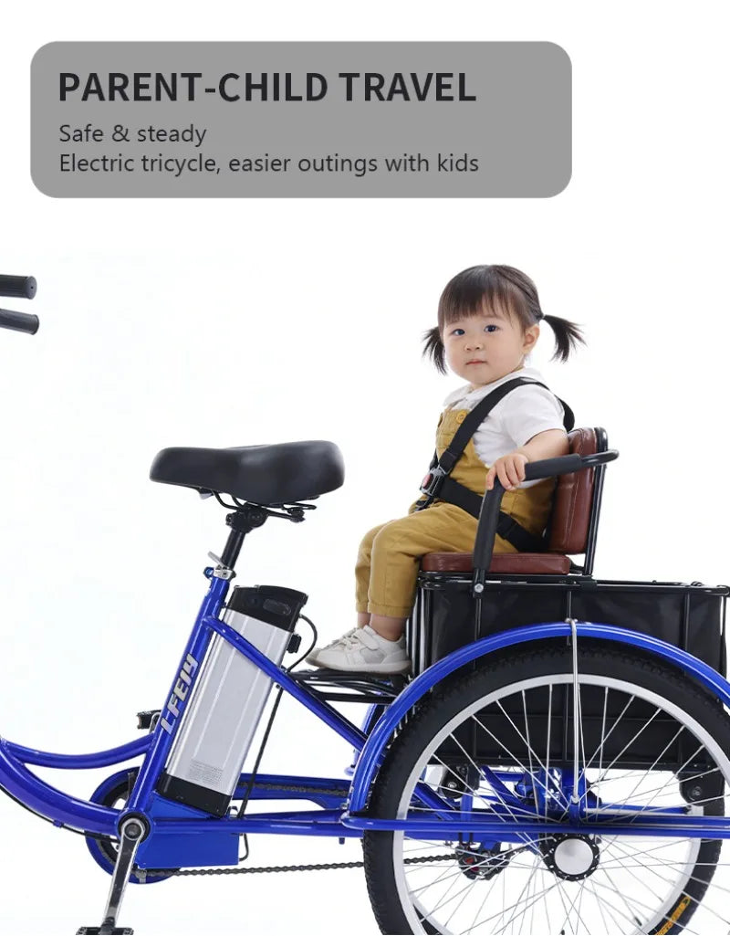 20" Adult Electric Tricycle 2-Seater 3 Wheel Ebike Removable Li-ion Battery Pedal Assist Trike Rear Seat Cargo Box Senior Travel