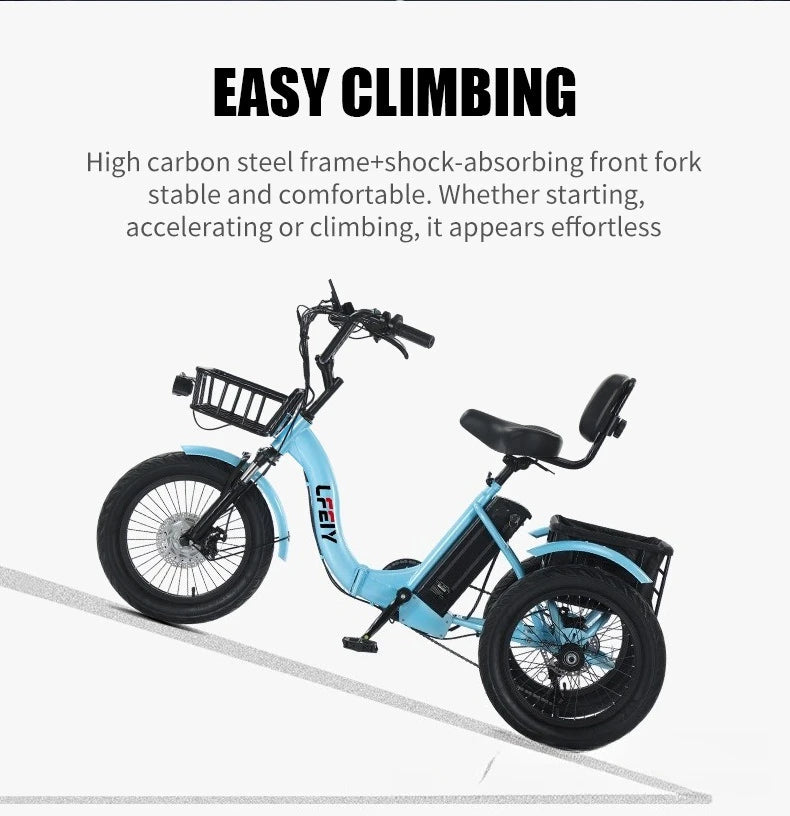 18" Foldable Electric Tricycle 48V13Ah 350W Motor Shimano 7-Speed 25km/h 44km Range 3-Mode Adult Fat Tire Lithium E-Trike