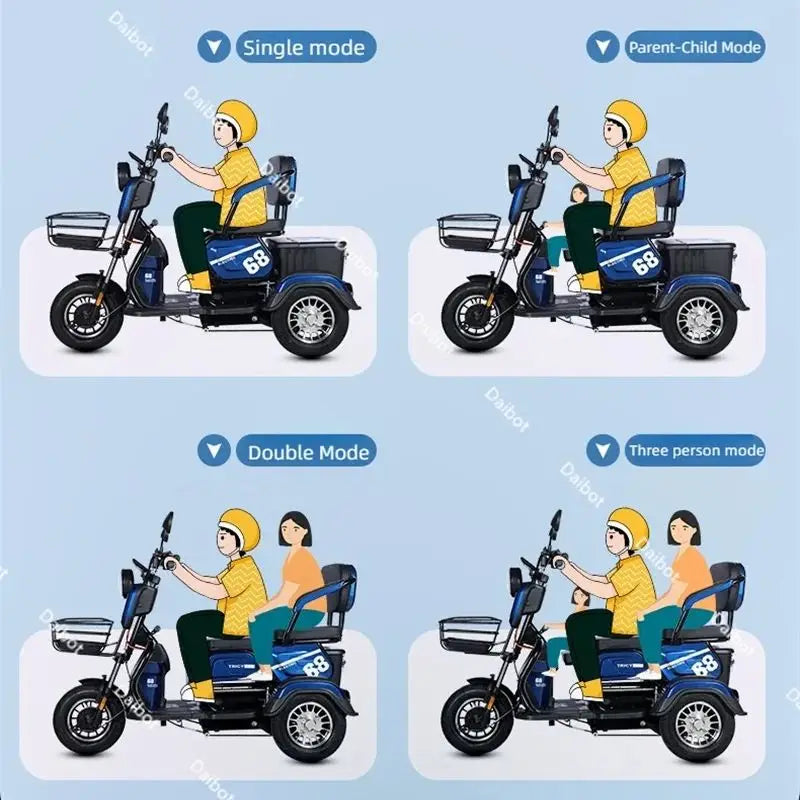 3 Wheel All Terrain Parent Child Electric Scooter 3 Seater For Elderly Adults 600W 48V Old Man Scooter Electric Tricycle Disable