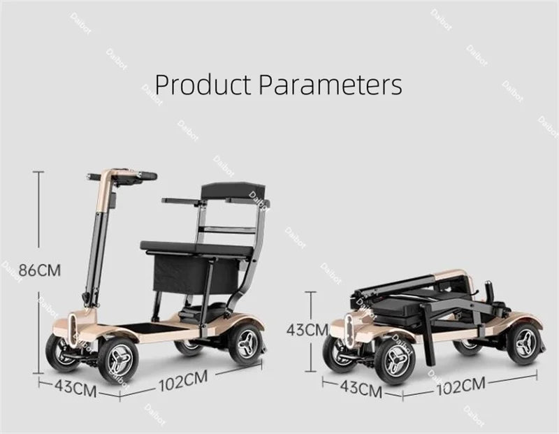 4 Wheel Travel Electric Scooter Foldable Portable With Seat For Old People 24V Mobility Scooter Lightweight Removable Battery