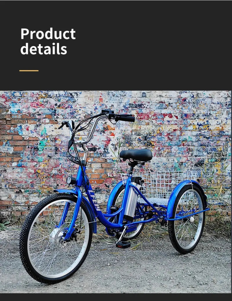 Adult Elderly Electric Mobility Tricycle 3-Wheel Electric Bike with Rear Cargo Basket for Senior Daily Shopping & Commuting