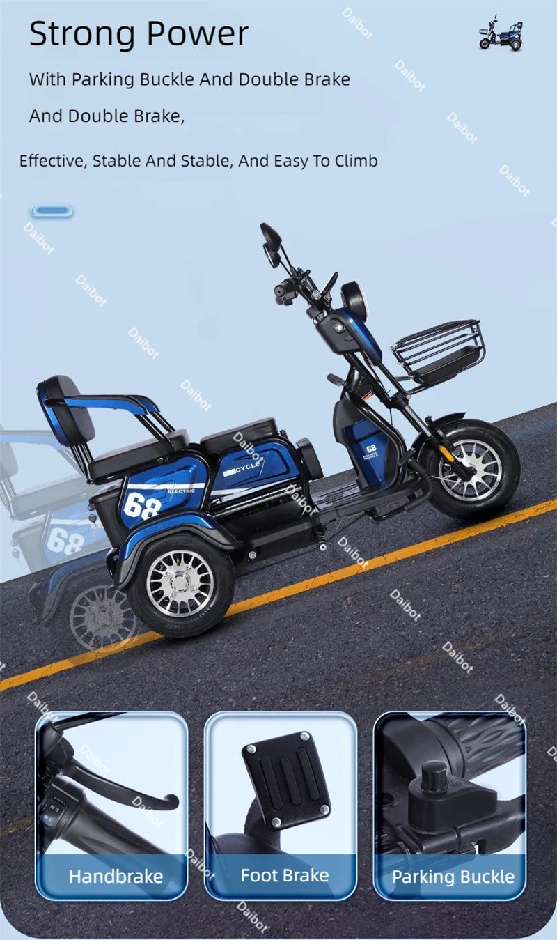 3 Wheel All Terrain Parent Child Electric Scooter 3 Seater For Elderly Adults 600W 48V Old Man Scooter Electric Tricycle Disable