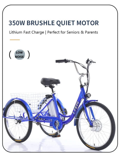 Adult Elderly Electric Mobility Tricycle 3-Wheel Electric Bike with Rear Cargo Basket for Senior Daily Shopping & Commuting