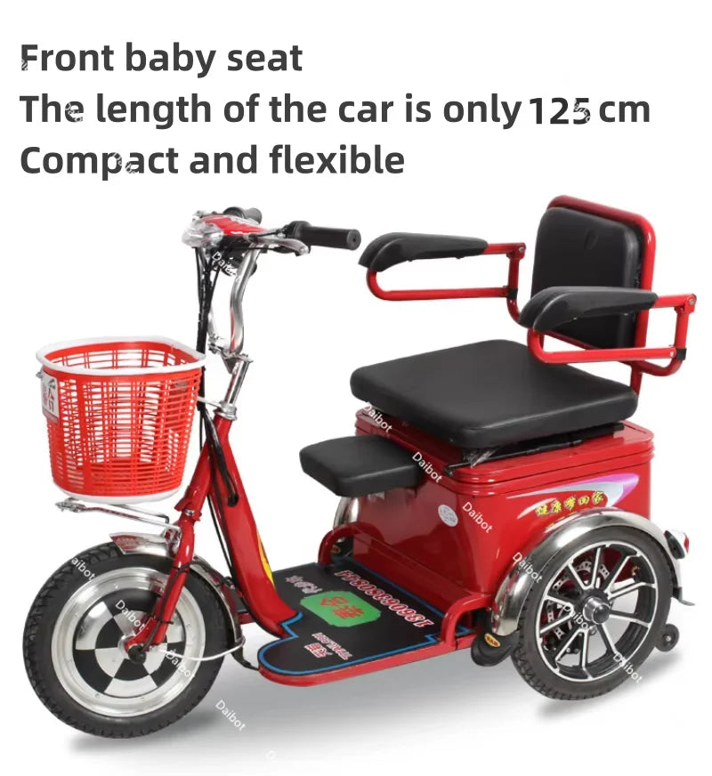 Lightweight Parents Child Electric Scooter 2 Seats 48V 350W Mini 3 Wheel Electric Tricycle For Adult Elderly With Cargo Basket