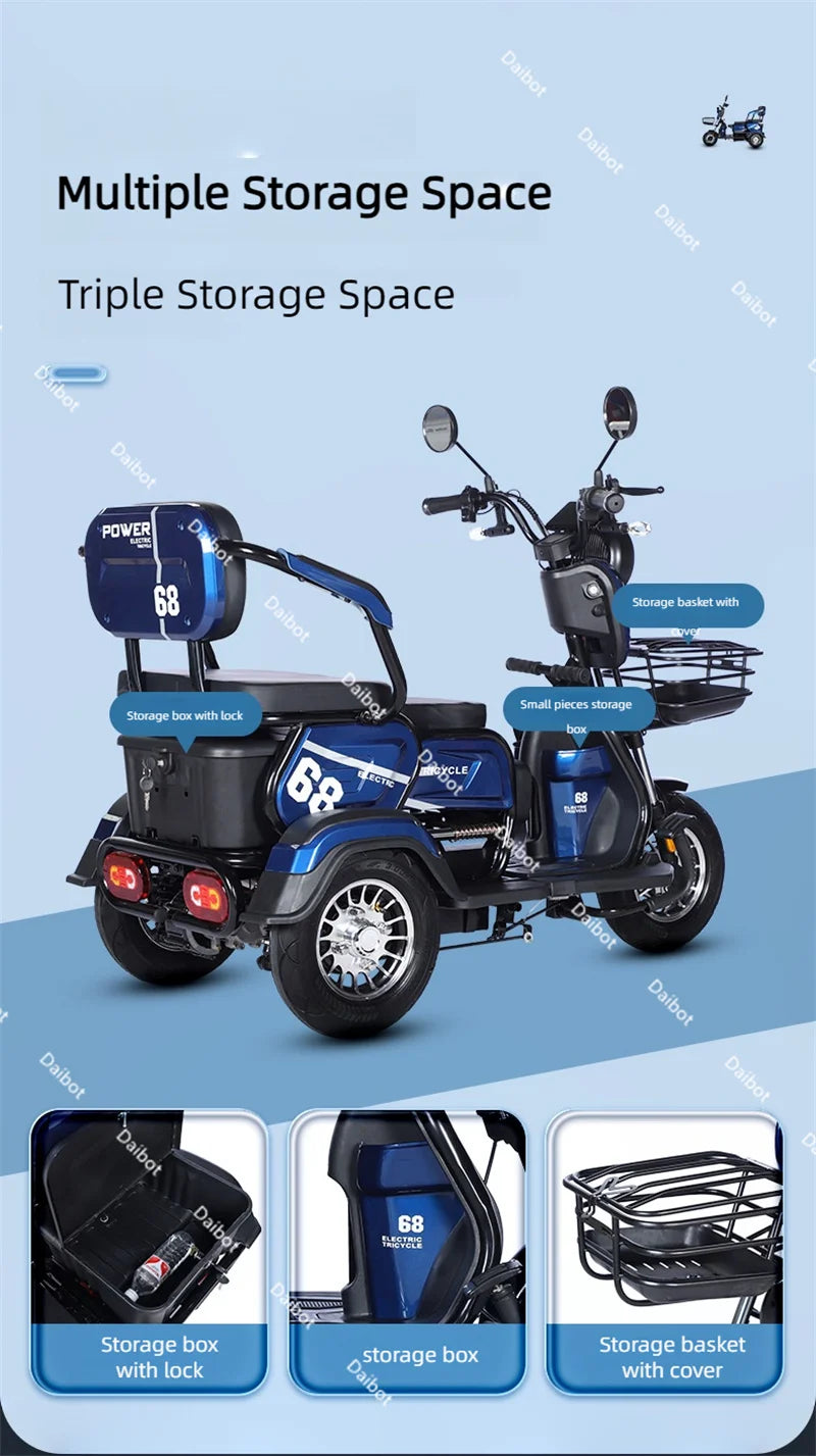 3 Wheel All Terrain Parent Child Electric Scooter 3 Seater For Elderly Adults 600W 48V Old Man Scooter Electric Tricycle Disable