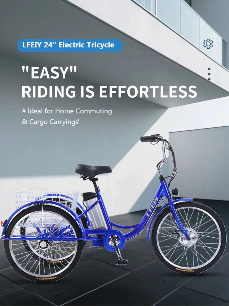 Adult Elderly Electric Mobility Tricycle 3-Wheel Electric Bike with Rear Cargo Basket for Senior Daily Shopping & Commuting