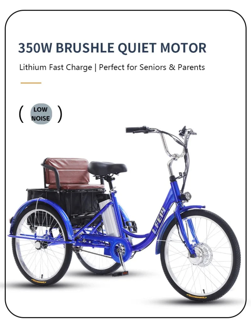 20" Adult Electric Tricycle 2-Seater 3 Wheel Ebike Removable Li-ion Battery Pedal Assist Trike Rear Seat Cargo Box Senior Travel