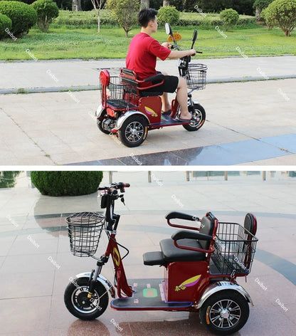 Lightweight Parents Child Electric Scooter 2 Seats 48V 350W Mini 3 Wheel Electric Tricycle For Adult Elderly With Cargo Basket