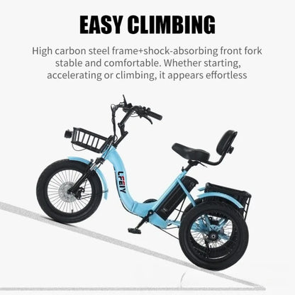 18" Foldable Electric Tricycle 48V13Ah 350W Motor Shimano 7-Speed 25km/h 44km Range 3-Mode Adult Fat Tire Lithium E-Trike