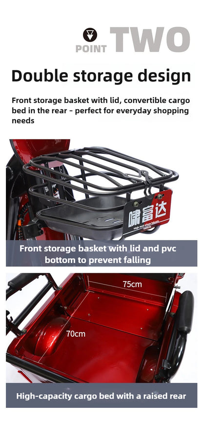 Adult 1200W High Power Motor Passenger and Cargo Electric Tricycle Lithium Household Front and Rear Shock Absorption System