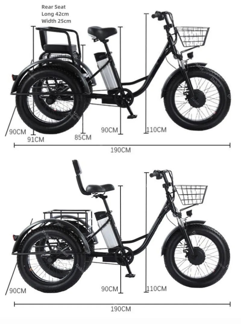 500W 48V Fat Tire Adults 3 Wheel Electric Tricycle With Passenger Seat/Rear Basket Removable Battery Electric Bike For 2 People