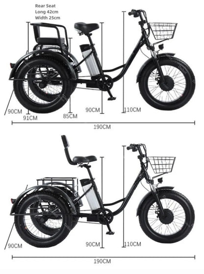 500W 48V Fat Tire Adults 3 Wheel Electric Tricycle With Passenger Seat/Rear Basket Removable Battery Electric Bike For 2 People