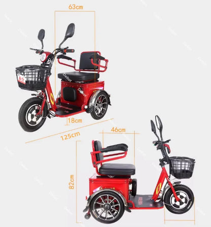 Lightweight Parents Child Electric Scooter 2 Seats 48V 350W Mini 3 Wheel Electric Tricycle For Adult Elderly With Cargo Basket