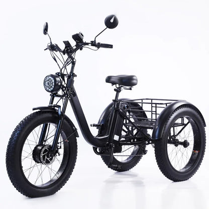 750W Electric Tricycle 24" 7-Speed Fat Tire E Trike 48V18AH Lithium Battery Heavy Duty Cargo Three Wheel Bike For Adults 200KG