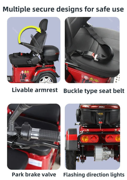 3 Wheel Mobility Scooter Disabled Seniros 600W 60V Small Family Electric Tricycle Lithium Battery/Seat 10cm Left Shift Design