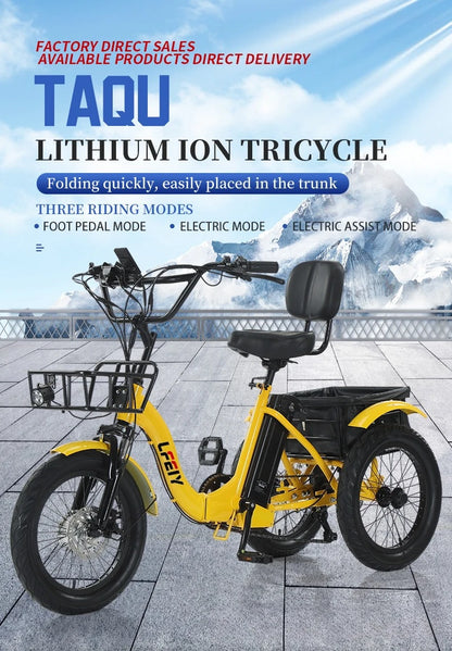 18" Foldable Electric Tricycle 48V13Ah 350W Motor Shimano 7-Speed 25km/h 44km Range 3-Mode Adult Fat Tire Lithium E-Trike