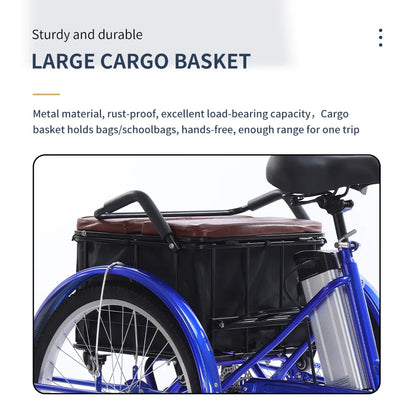 20" Adult Electric Tricycle 2-Seater 3 Wheel Ebike Removable Li-ion Battery Pedal Assist Trike Rear Seat Cargo Box Senior Travel