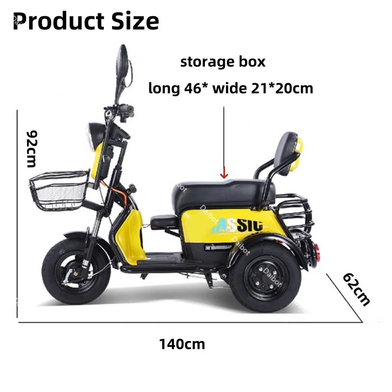 New 2024 Long Range Parents Child Electric Scooter 2 Seats 60V 1000W Powerful Adult Electric Tricycle 3 People For The Elderly