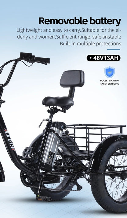 500W Electric Tricycle 20*4.0 Snow Fat Tire 48V13Ah Removable Lithium Battery Three Wheel E Trike with Front &Rear Cargo Baskets