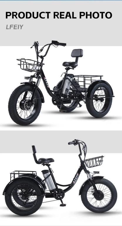 500W Electric Tricycle 20*4.0 Snow Fat Tire 48V13Ah Removable Lithium Battery Three Wheel E Trike with Front &Rear Cargo Baskets