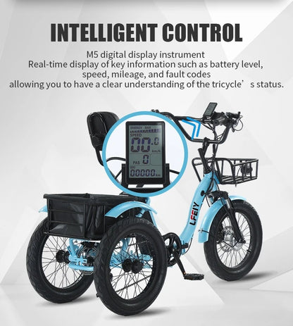 18" Foldable Electric Tricycle 48V13Ah 350W Motor Shimano 7-Speed 25km/h 44km Range 3-Mode Adult Fat Tire Lithium E-Trike