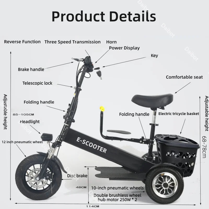 Lightweight Mobility Scooter Foldable With Basket For Adults Electric Scooter Senior Triple Shock Absorption 500W Trike 2 Seats