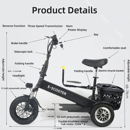 Lightweight Mobility Scooter Foldable With Basket For Adults Electric Scooter Senior Triple Shock Absorption 500W Trike 2 Seats